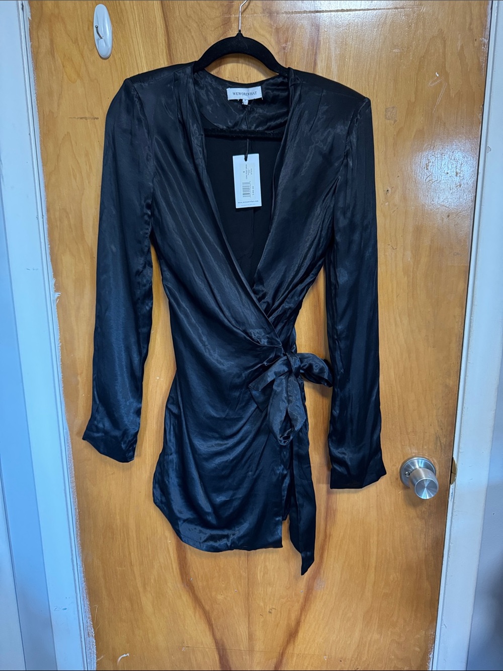 Black Satin Cowl Front Wrap Dress with Side Tie